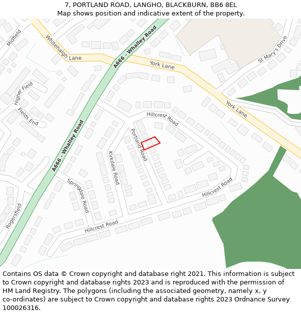 7, PORTLAND ROAD, LANGHO, BLACKBURN, BB6 8EL: Location map and indicative extent of plot