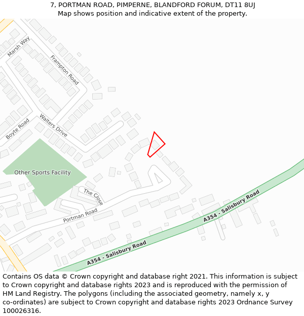 7, PORTMAN ROAD, PIMPERNE, BLANDFORD FORUM, DT11 8UJ: Location map and indicative extent of plot