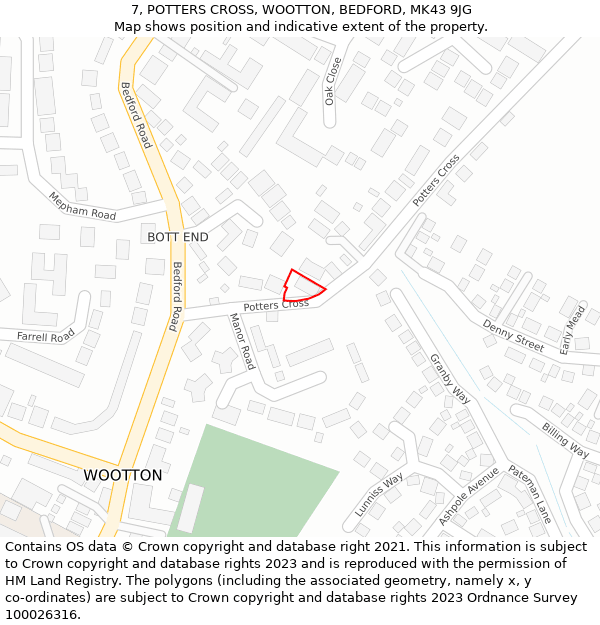 7, POTTERS CROSS, WOOTTON, BEDFORD, MK43 9JG: Location map and indicative extent of plot