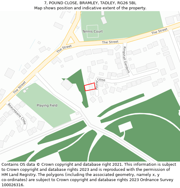 7, POUND CLOSE, BRAMLEY, TADLEY, RG26 5BL: Location map and indicative extent of plot