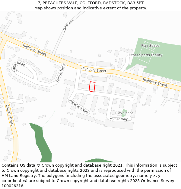 7, PREACHERS VALE, COLEFORD, RADSTOCK, BA3 5PT: Location map and indicative extent of plot