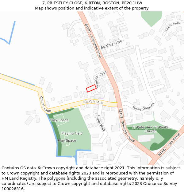 7, PRIESTLEY CLOSE, KIRTON, BOSTON, PE20 1HW: Location map and indicative extent of plot