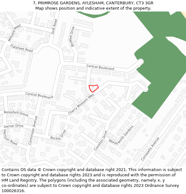 7, PRIMROSE GARDENS, AYLESHAM, CANTERBURY, CT3 3GR: Location map and indicative extent of plot