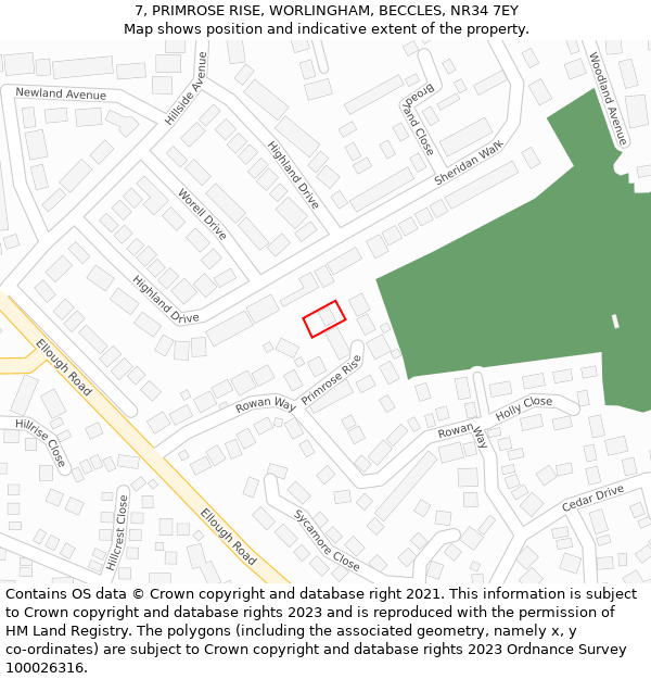 7, PRIMROSE RISE, WORLINGHAM, BECCLES, NR34 7EY: Location map and indicative extent of plot