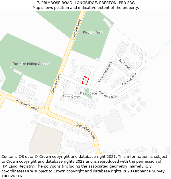 7, PRIMROSE ROAD, LONGRIDGE, PRESTON, PR3 2RG: Location map and indicative extent of plot