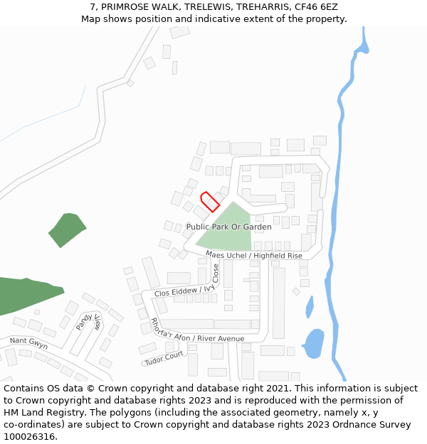 7, PRIMROSE WALK, TRELEWIS, TREHARRIS, CF46 6EZ: Location map and indicative extent of plot