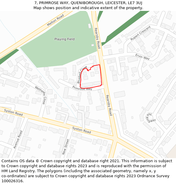 7, PRIMROSE WAY, QUENIBOROUGH, LEICESTER, LE7 3UJ: Location map and indicative extent of plot