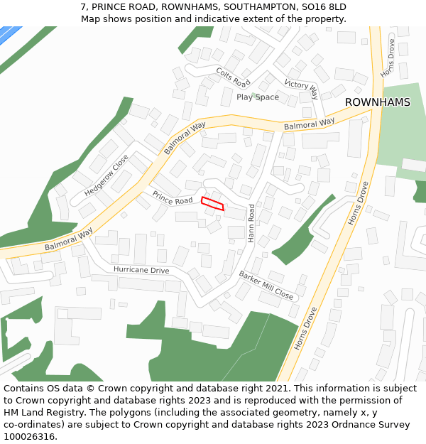 7, PRINCE ROAD, ROWNHAMS, SOUTHAMPTON, SO16 8LD: Location map and indicative extent of plot