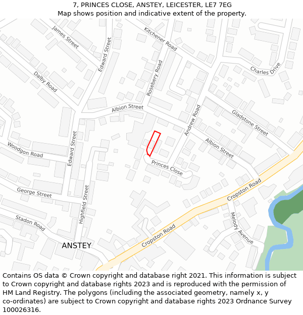 7, PRINCES CLOSE, ANSTEY, LEICESTER, LE7 7EG: Location map and indicative extent of plot