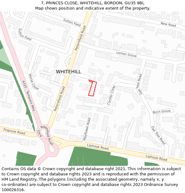 7, PRINCES CLOSE, WHITEHILL, BORDON, GU35 9BL: Location map and indicative extent of plot