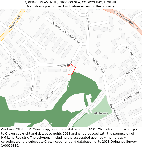 7, PRINCESS AVENUE, RHOS ON SEA, COLWYN BAY, LL28 4UT: Location map and indicative extent of plot
