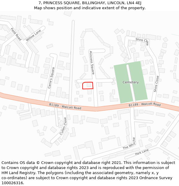 7, PRINCESS SQUARE, BILLINGHAY, LINCOLN, LN4 4EJ: Location map and indicative extent of plot