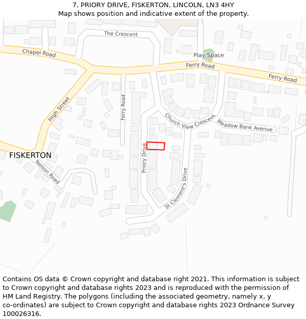 7, PRIORY DRIVE, FISKERTON, LINCOLN, LN3 4HY: Location map and indicative extent of plot