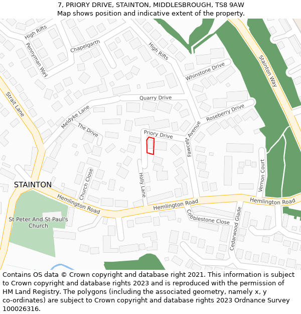 7, PRIORY DRIVE, STAINTON, MIDDLESBROUGH, TS8 9AW: Location map and indicative extent of plot