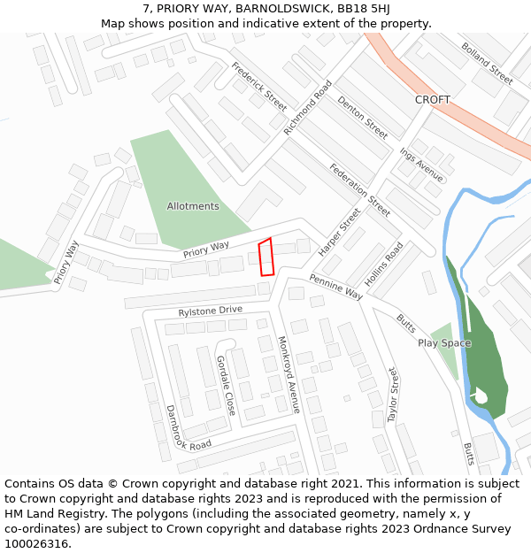 7, PRIORY WAY, BARNOLDSWICK, BB18 5HJ: Location map and indicative extent of plot