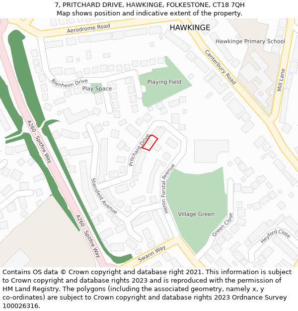 7, PRITCHARD DRIVE, HAWKINGE, FOLKESTONE, CT18 7QH: Location map and indicative extent of plot