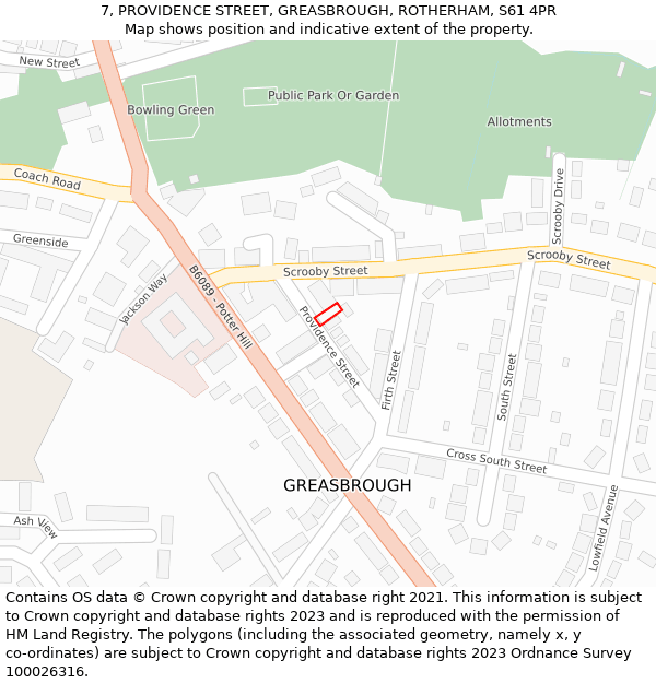 7, PROVIDENCE STREET, GREASBROUGH, ROTHERHAM, S61 4PR: Location map and indicative extent of plot