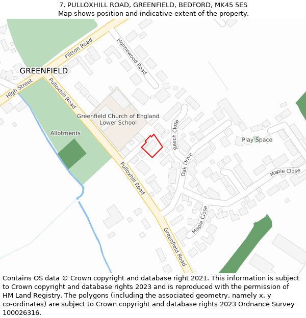 7, PULLOXHILL ROAD, GREENFIELD, BEDFORD, MK45 5ES: Location map and indicative extent of plot