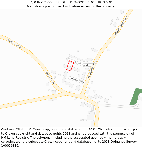 7, PUMP CLOSE, BREDFIELD, WOODBRIDGE, IP13 6DD: Location map and indicative extent of plot