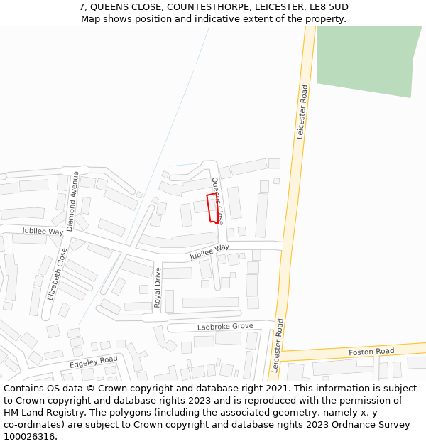 7, QUEENS CLOSE, COUNTESTHORPE, LEICESTER, LE8 5UD: Location map and indicative extent of plot