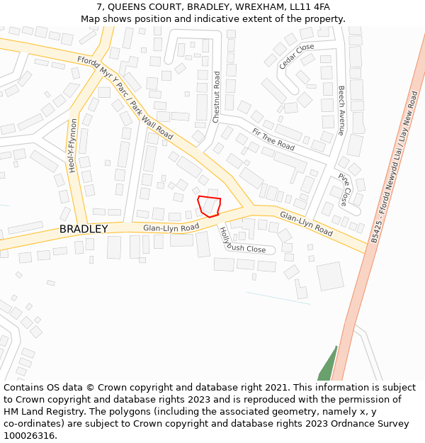 7, QUEENS COURT, BRADLEY, WREXHAM, LL11 4FA: Location map and indicative extent of plot