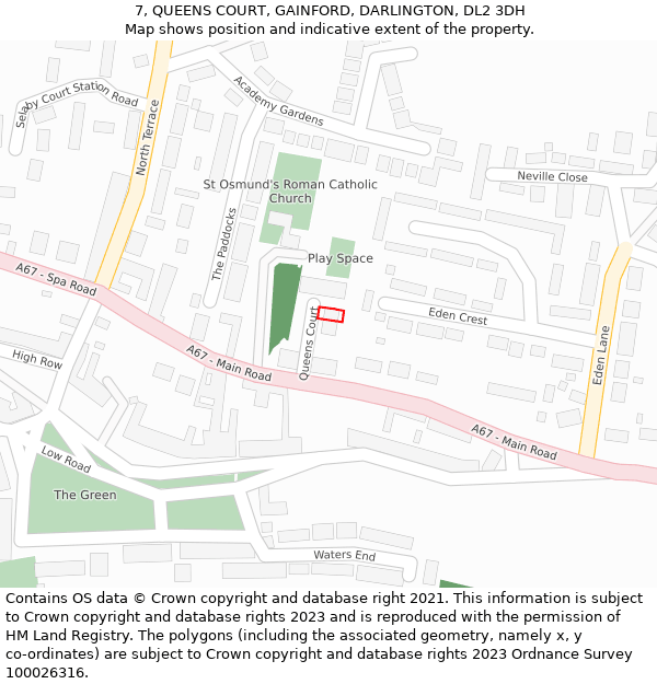 7, QUEENS COURT, GAINFORD, DARLINGTON, DL2 3DH: Location map and indicative extent of plot