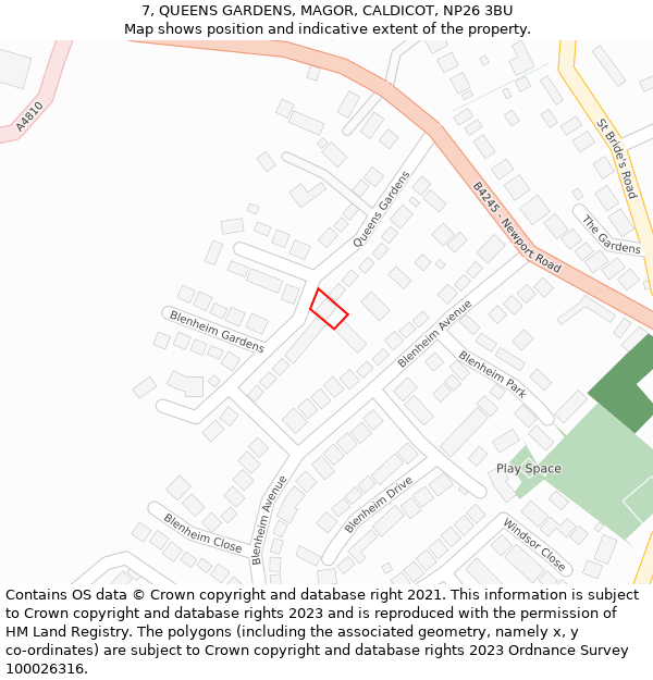 7, QUEENS GARDENS, MAGOR, CALDICOT, NP26 3BU: Location map and indicative extent of plot