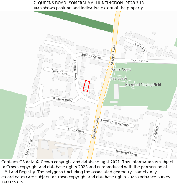 7, QUEENS ROAD, SOMERSHAM, HUNTINGDON, PE28 3HR: Location map and indicative extent of plot