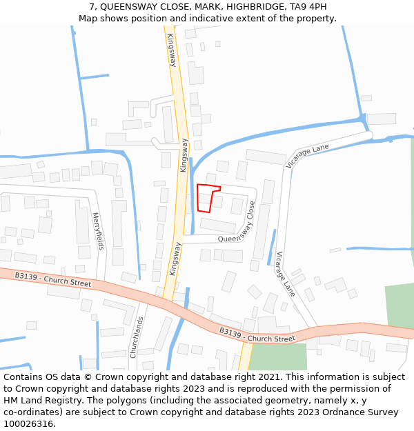 7, QUEENSWAY CLOSE, MARK, HIGHBRIDGE, TA9 4PH: Location map and indicative extent of plot