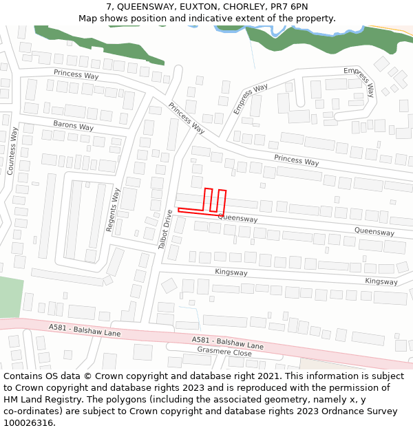 7, QUEENSWAY, EUXTON, CHORLEY, PR7 6PN: Location map and indicative extent of plot