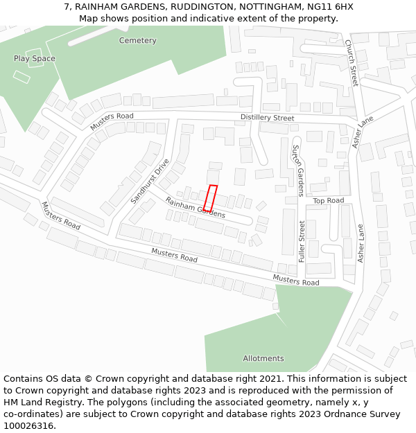 7, RAINHAM GARDENS, RUDDINGTON, NOTTINGHAM, NG11 6HX: Location map and indicative extent of plot