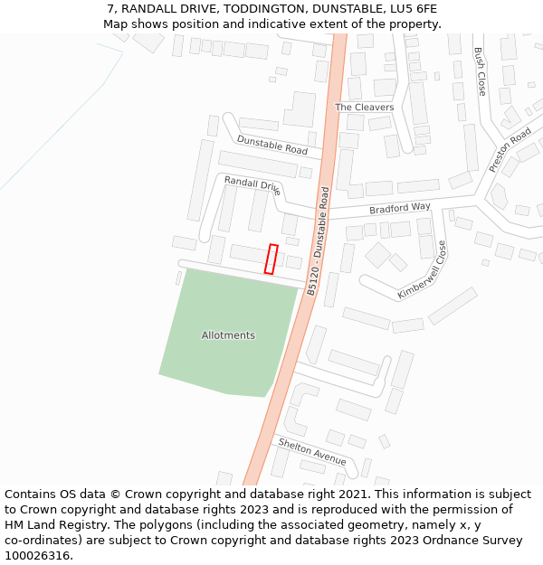 7, RANDALL DRIVE, TODDINGTON, DUNSTABLE, LU5 6FE: Location map and indicative extent of plot