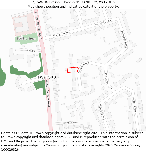 7, RAWLINS CLOSE, TWYFORD, BANBURY, OX17 3HS: Location map and indicative extent of plot