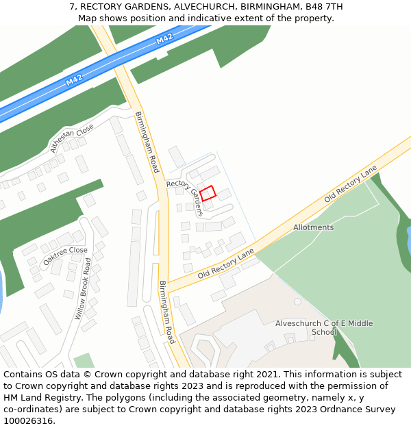 7, RECTORY GARDENS, ALVECHURCH, BIRMINGHAM, B48 7TH: Location map and indicative extent of plot