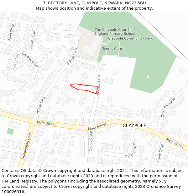 7, RECTORY LANE, CLAYPOLE, NEWARK, NG23 5BH: Location map and indicative extent of plot