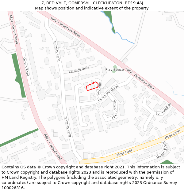 7, RED VALE, GOMERSAL, CLECKHEATON, BD19 4AJ: Location map and indicative extent of plot