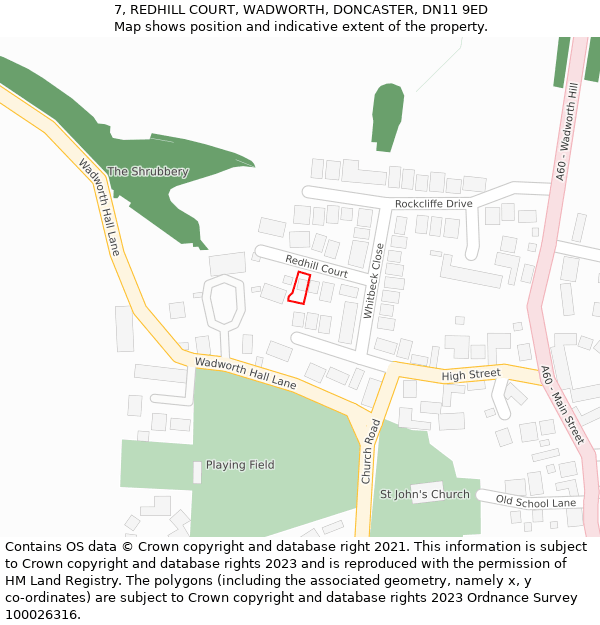 7, REDHILL COURT, WADWORTH, DONCASTER, DN11 9ED: Location map and indicative extent of plot