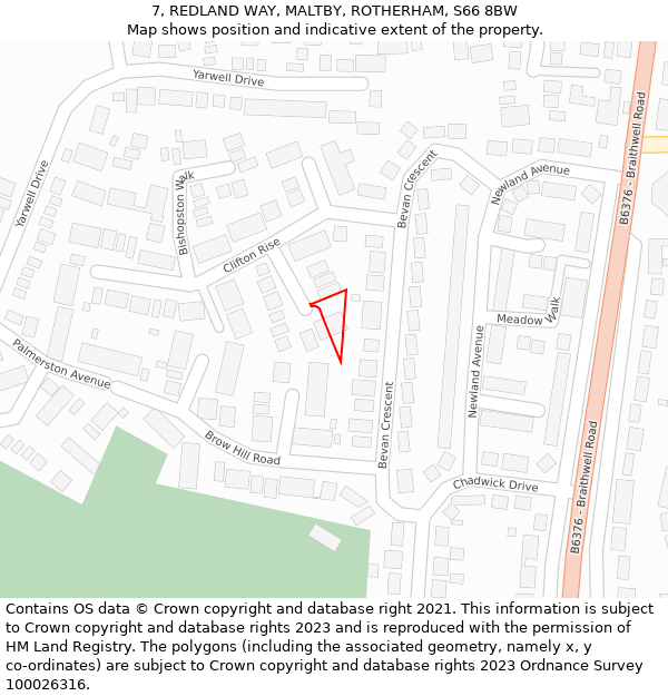 7, REDLAND WAY, MALTBY, ROTHERHAM, S66 8BW: Location map and indicative extent of plot