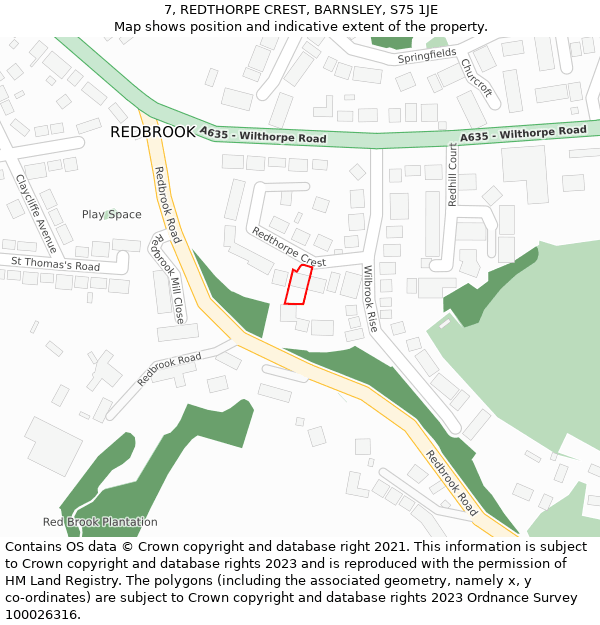 7, REDTHORPE CREST, BARNSLEY, S75 1JE: Location map and indicative extent of plot