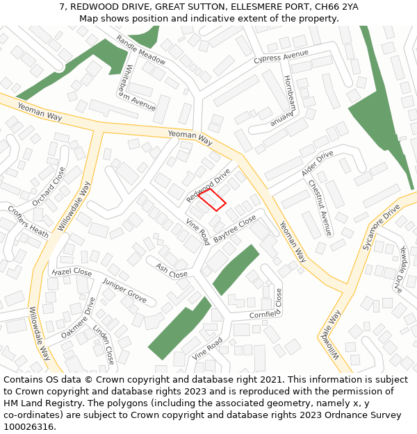 7, REDWOOD DRIVE, GREAT SUTTON, ELLESMERE PORT, CH66 2YA: Location map and indicative extent of plot