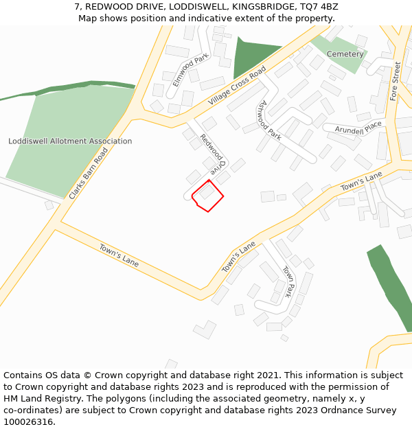 7, REDWOOD DRIVE, LODDISWELL, KINGSBRIDGE, TQ7 4BZ: Location map and indicative extent of plot