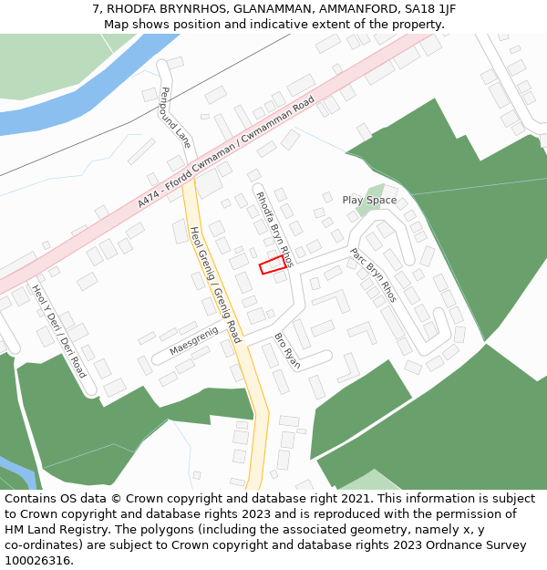7, RHODFA BRYNRHOS, GLANAMMAN, AMMANFORD, SA18 1JF: Location map and indicative extent of plot