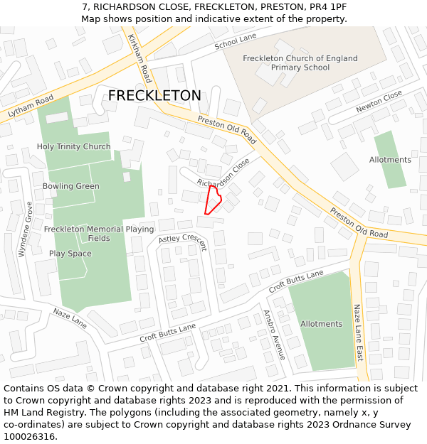 7, RICHARDSON CLOSE, FRECKLETON, PRESTON, PR4 1PF: Location map and indicative extent of plot