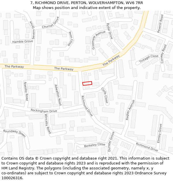 7, RICHMOND DRIVE, PERTON, WOLVERHAMPTON, WV6 7RR: Location map and indicative extent of plot