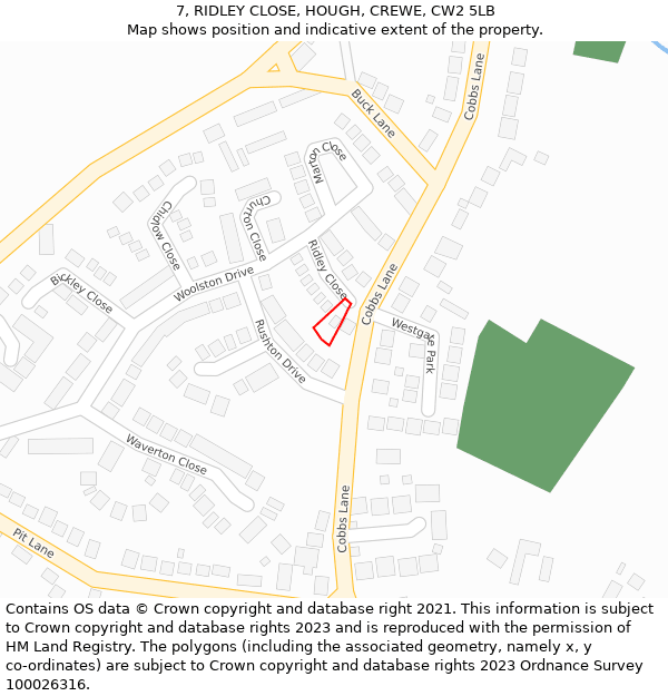 7, RIDLEY CLOSE, HOUGH, CREWE, CW2 5LB: Location map and indicative extent of plot