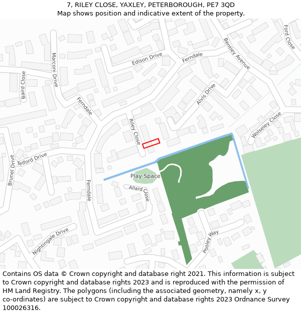 7, RILEY CLOSE, YAXLEY, PETERBOROUGH, PE7 3QD: Location map and indicative extent of plot