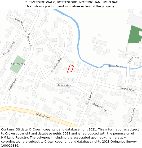 7, RIVERSIDE WALK, BOTTESFORD, NOTTINGHAM, NG13 0AT: Location map and indicative extent of plot