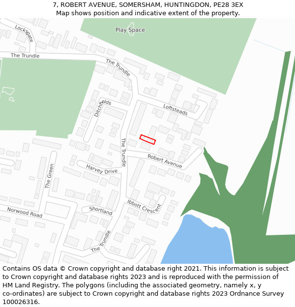 7, ROBERT AVENUE, SOMERSHAM, HUNTINGDON, PE28 3EX: Location map and indicative extent of plot