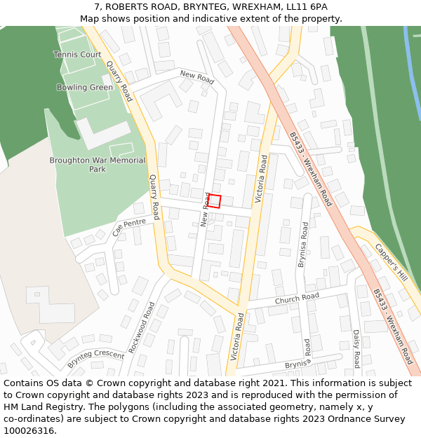 7, ROBERTS ROAD, BRYNTEG, WREXHAM, LL11 6PA: Location map and indicative extent of plot