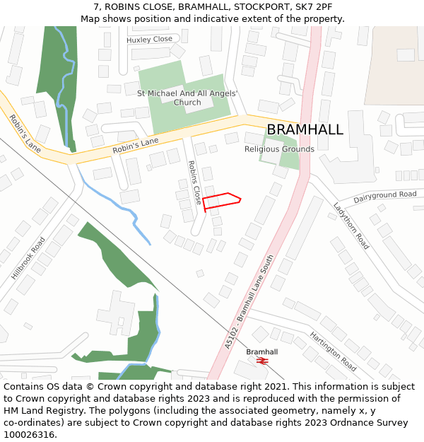 7, ROBINS CLOSE, BRAMHALL, STOCKPORT, SK7 2PF: Location map and indicative extent of plot